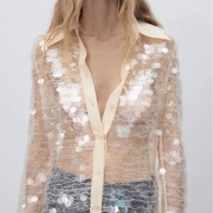 Zara Sheer Sequin Blouse - Cream and White
